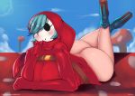  2019 big_butt blue_hair blush bottomless breasts butt clothed clothing crossgender curvy_figure detailed_background digital_media_(artwork) female footwear fungus hair high_heels huge_butt humanoid l-a-v lying mario_bros mask mushroom nintendo not_furry shoes shyguy solo thick_thighs video_games voluptuous wide_hips 