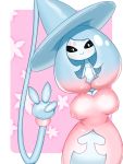  2019 black_slcera blue_hair blush breasts clothing fake_breasts female gesture hair hat hatterene headgear headwear humanoid long_hair navel nintendo pink_background pink_hair pok&eacute;mon pok&eacute;mon_(species) pussy simple_background small_breasts smile solo tentacles v_sign video_games white_eyes witch_hat 