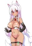  1girl abs absurdres ahoge animal_ears ara_haan areola_slip areolae bangs bare_shoulders black_hair black_panties breasts cleavage covered_nipples elsword eun_(elsword) fox_ears fox_tail hair_ornament haun_(exodinary) highres jewelry labia large_breasts long_hair looking_at_viewer micro_panties midriff multiple_tails navel navel_piercing nipples panties piercing pubic_tattoo red_eyes smile solo stomach tail tattoo thighhighs underwear very_long_hair 