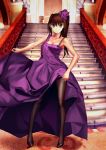  1girl absurdres aozaki_aoko armpits black_legwear blue_eyes breasts brown_hair cleavage cqqz0707 dress dress_lift highres large_breasts legs mahou_tsukai_no_yoru pantyhose ponytail pumpkin purple_dress side_ponytail solo stairs thighs 