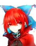  1girl absurdres black_shirt blue_bow blue_hair bow cape collar colored_inner_hair commentary eyebrows_visible_through_hair hair_bow high_collar highres looking_at_viewer multicolored_hair portrait red_cape red_eyes red_hair safutsuguon sekibanki shirt short_hair simple_background solo touhou two-tone_hair white_background 