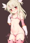  1girl bangs bare_shoulders bikini black_legwear blush brown_background commentary_request eyebrows_visible_through_hair fate/grand_order fate/kaleid_liner_prisma_illya fate_(series) gloves hair_between_eyes illyasviel_von_einzbern long_hair looking_at_viewer micro_bikini navel nipples pink_bikini_bottom pink_bikini_top red_eyes simple_background solo swimsuit thighhighs toshishikisai white_gloves 