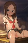  1girl absurdres arms_behind_back ass blue_skirt blush brown_eyes brown_hair chalkboard classroom commentary_request desk forehead highres indoors karakai_jouzu_no_takagi-san korean_commentary lifted_by_self long_hair looking_at_viewer naughty_face note2000 on_desk open_mouth panties panties_around_one_leg pussy school_uniform serafuku shirt short_sleeves sitting sitting_on_desk skirt skirt_lift smile solo spread_legs takagi-san thighs underwear white_panties white_shirt 