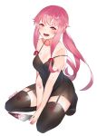  1girl artist_name bangs bare_shoulders black_dress black_legwear blood blush breasts cleavage commentary_request dress gasai_yuno harukagi knife large_breasts long_hair looking_at_viewer mirai_nikki pink_eyes pink_hair red_eyes simple_background smile solo thighhighs twintails white_background 
