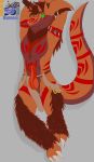  absurd_res anthro armband beard body_hair claws clothing draconic_burners dragon ear_piercing ear_ring erection facial_hair fangs fur happy_trail hi_res horn kenokskiy knot loincloth looking_at_viewer lying male markings mostly_nude piercing pubes red_pubes scar solo 