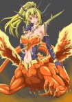  1girl armlet armpits bangs bare_shoulders blonde_hair bracelet breasts centauroid claws cleavage collarbone commentary_request dragon dragon_girl dragon_horns dragon_tail dragon_wings duel_monster elbow_gloves eyebrows_behind_hair flying full_body gloves gradient gradient_background hair_between_eyes hand_on_own_chin high_ponytail horns jewelry looking_down navel navel_cutout nib_pen_(medium) ozaneko parted_lips queen_dragun_djinn red_eyes sidelocks tail traditional_media wings yuu-gi-ou 