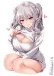  1girl alternate_costume bare_legs breasts cleavage_cutout dress ebifurya grey_eyes grey_sweater head_tilt heart highres kantai_collection kashima_(kantai_collection) large_breasts lifted_by_self lips long_hair long_sleeves looking_at_viewer meme_attire open-chest_sweater parted_lips ribbed_sweater sidelocks silver_hair solo spoken_heart sweater sweater_dress tsurime turtleneck turtleneck_sweater twintails twitter_username wavy_hair white_background 