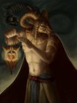  anthro blue_eyes bone bovid caprine clothed clothing cu_sith_(artist) digital_media_(artwork) feral fur goat hair holding_object horn jewelry male mammal simple_background skeleton solo 