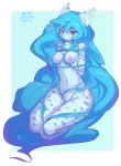  2019 anthro blue_hair breasts featureless_crotch felid female hair kneeling looking_at_viewer mammal navel nipples nude pantherine simple_background smile snow_leopard solo taina_fost ultrabondagefairy white_background 