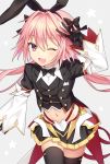 1boy astolfo_(fate) astolfo_(saber)_(fate) bangs black_bow black_gloves black_ribbon black_skirt blush bow bowtie commentary_request eyebrows_visible_through_hair fang fate/grand_order fate_(series) gloves hair_between_eyes hair_bow hair_intakes hair_ribbon highres long_hair long_sleeves looking_at_viewer multicolored_hair navel one_eye_closed otoko_no_ko pink_hair purple_eyes ribbon shino_skk skin_fang skirt solo streaked_hair twintails v white_hair 