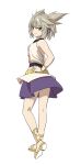  1girl bare_arms bare_legs bare_shoulders belt black_belt blouse bracelet brown_eyes commentary_request earmuffs grey_hair hand_on_hip highres jewelry leon_(mikiri_hassha) looking_at_viewer miniskirt pointy_hair purple_skirt sandals short_hair simple_background skirt sleeveless sleeveless_blouse smile solo touhou twisted_torso white_background yellow_footwear 