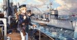  2girls battlefield_1 belt bird blonde_hair blue_eyes boat bolt_action bow brown_hair chain chinese_commentary commentary_request destroyer gun hair_bow harness hat hat_bow hms_laforey_(1913) ladder lee-enfield lifeboat lifebuoy lighthouse mast military military_vehicle multiple_girls neko_(yanshoujie) on_railing original pantyhose pleated_skirt pouch railing rifle rifle_on_back rope royal_navy sailor sailor_hat seagull ship signal_flag signal_lamp skirt smile smoke smokestack union_jack warship water watercraft weapon white_ensign white_legwear winch yellow_eyes 