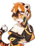  2019 5_fingers absurd_res amber_eyes anthro arknights black_body black_fur black_hair black_nose clearhand clothed clothing eyewear felid female fingers fur glasses hair half-length_portrait hi_res looking_at_viewer mammal multicolored_body multicolored_fur multicolored_hair orange_body orange_eyes orange_fur orange_hair pantherine portrait short_hair simple_background solo striped_body striped_fur stripes tiger tongue tongue_out video_games waaifu white_background white_body white_fur white_hair 