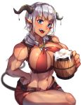  2019 abs absurd_res alcohol beer beverage big_breasts blue_eyes bottomwear breasts cleavage clothed clothing demon female grey_hair hair hi_res holding_cup holding_object horn humanoid humanoid_pointy_ears midriff mr.lime muscular muscular_female navel not_furry open_mouth shorts skimpy solo 
