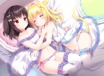  2girls :&lt; animal_ear_fluff animal_ears babydoll bare_arms bare_shoulders bed_sheet black_hair blonde_hair blush bow bow_panties breasts cat_ears cat_girl cat_tail closed_eyes closed_mouth commentary_request dog_ears frilled_legwear frilled_panties frills hair_bow hair_ornament irori long_hair lying mole mole_under_eye multiple_girls navel on_back on_side original panties red_eyes small_breasts smile tail thighhighs underwear underwear_only white_babydoll white_bow white_legwear white_panties x_hair_ornament 