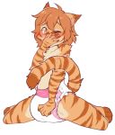  anthro blush diaper domestic_cat felid feline felis hand_on_mouth kneeling male mammal one_eye_closed paws pupper_teddy solo tabby_cat 