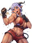  2019 abs absurd_res action_pose blue_eyes blue_hair bottomwear breasts cleavage clothed clothing demon female fingerless_gloves gloves hair handwear hi_res horn humanoid humanoid_pointy_ears midriff mr.lime muscular muscular_female navel not_furry pose scar shorts side_boob simple_background skimpy solo white_background 