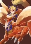  1girl 307_(aho307) :o armlet bangs bare_shoulders blonde_hair bracelet breasts centauroid claws cleavage commentary_request crossed_bangs dragon_girl dragon_horns dragon_tail dragon_wings duel_monster elbow_gloves gloves hand_on_own_chest headpiece high_ponytail horns jewelry large_breasts long_hair looking_at_viewer navel_cutout queen_dragun_djinn red_background red_eyes solo tail wings yuu-gi-ou 