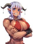  2019 abs absurd_res big_breasts blue_eyes breasts cleavage clothed clothing crossed_arms demon female hair hi_res horn humanoid humanoid_pointy_ears mr.lime navel nipple_outline nipples not_furry sharp_teeth simple_background solo teeth white_background 