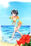  1girl absurdres aqua_hairband beach bikini black_hair blue_sky breasts cleavage collarbone commentary_request crazy_straw cup drinking_glass drinking_straw eyebrows_visible_through_hair flower food fruit hairband hand_on_own_knee hand_up heart_straw highres holding holding_cup hololive jacket lemon lemon_slice lens_flare light_rays looking_at_viewer nagape nail_polish ocean one_eye_closed oozora_subaru purple_eyes red_flower sand short_hair sky solo standing standing_on_liquid sunbeam sunlight swimsuit toenail_polish twitter_username virtual_youtuber water 