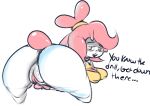  2019 anthro big_butt butt dialogue english_text female hair lagomorph leporid looking_at_viewer looking_back mammal millie_(ponk) pink_hair ponk pussy rabbit rear_view shaved short_stack simple_background smile solo text white_background wide_hips 