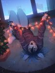  2018 anthro barefoot black_nose blue_hair bottomwear breasts cervid christmas christmas_lights christmas_tree clothing detailed_background female fumiko hair holding_object holidays inside looking_at_viewer lying mammal on_back shorts smile snow solo sweater topwear tree window zed_(zedzar) 
