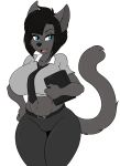  2019 absurd_res anthro belt big_breasts binder black_body black_fur black_hair blue_eyes bottomwear breasts clothed clothing curvy_figure digital_media_(artwork) domestic_cat felid feline felis female fingers fully_clothed fur hair hi_res mammal midsection monique_bellemare_(lildredre) necktie open_mouth pants polo_shirt shirt simple_background skidd solo standing topwear voluptuous 
