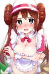  1girl apron blue_eyes blurry blush breast_hold breasts brown_hair cleavage commentary_request depth_of_field detached_collar double_bun embarrassed frilled_apron frills highres holding holding_poke_ball large_breasts long_hair looking_at_viewer mei_(pokemon) naked_apron neck_ribbon nose_blush pink_neckwear pink_ribbon poke_ball poke_ball_(generic) pokemon pokemon_(game) pokemon_bw2 ribbon rouka_(akatyann) simple_background solo tears twintails very_long_hair white_background white_headwear 