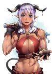  2019 absurd_res big_breasts blue_eyes breasts cleavage clothed clothing demon female hair hi_res horn horned_humanoid humanoid humanoid_pointy_ears looking_at_viewer melee_weapon midriff mr.lime muscular muscular_female navel not_furry pink_hair scar solo sword weapon 