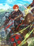  1boy armor armored_boots boots cloud faceless faceless_male fire_emblem fire_emblem:_three_houses fire_emblem_cipher gloves helmet horse horseback_riding mountain official_art one_eye_closed open_mouth polearm red_eyes red_hair riding shiki_karuta sky solo sparkle spear sylvain_jose_gautier teeth weapon 