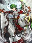  3boys armor arrow battle belt black_gloves blue_sky bow_(weapon) day fire_emblem fire_emblem:_genealogy_of_the_holy_war fire_emblem_cipher glint gloves green_eyes green_hair hair_between_eyes helmet horse horseback_riding indoors kyo_niku long_hair looking_at_viewer male_focus midir_(fire_emblem) multiple_boys official_art partly_fingerless_gloves quiver riding saddle sidelocks sky watermark weapon 