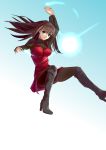  1girl absurdres aozaki_aoko black_legwear blue_eyes boots breasts brown_hair cqqz0707 dress highres knee_boots large_breasts legs lens_flare long_hair looking_at_viewer mahou_tsukai_no_yoru midair pantyhose red_dress solo thighs 