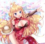  1girl :d animal_ear_fluff animal_ears bamboo_steamer bangs baozi blonde_hair blue_eyes blunt_bangs blush braid breasts chinese_clothes cleavage cleavage_cutout detached_sleeves double_bun dress food fox_ears fox_tail large_breasts long_hair looking_at_viewer miyano_ururu multiple_tails open_mouth original red_dress short_eyebrows side_slit smile solo tail twin_braids very_long_hair 