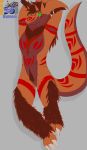  absurd_res anthro armband beard body_hair claws clothing draconic_burners dragon ear_piercing ear_ring facial_hair fangs fur happy_trail hi_res horn kenokskiy loincloth looking_at_viewer lying male markings piercing pubes red_pubes scar solo 