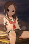  1girl absurdres arms_behind_back blue_skirt brown_eyes brown_hair chalkboard classroom commentary_request desk forehead highres indoors karakai_jouzu_no_takagi-san korean_commentary long_hair looking_at_viewer note2000 on_desk panties panty_peek school_uniform serafuku shirt short_sleeves sitting sitting_on_desk skirt smile solo spread_legs takagi-san thighs underwear white_panties white_shirt 