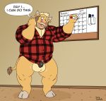  2019 animal_genitalia animal_penis anthro balls beard belly bottomless bovid bovine calendar cattle clothed clothing cloven_hooves duly_(character) duly_noted english_text facial_hair flaccid hooves horn male mammal marker mustache no_nut_november overweight overweight_male penis plaid solo speech_bubble text 
