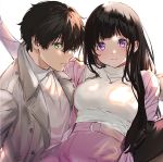  1boy 1girl artist_logo bangs black_hair blunt_bangs brown_coat chitanda_eru coat couple cowboy_shot green_eyes hyouka jacket jewelry long_hair looking_at_viewer mery_(apfl0515) necklace oreki_houtarou pink_jacket pink_skirt profile purple_eyes simple_background skirt sweater turtleneck white_background white_sweater 