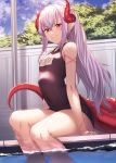 1girl ahoge arm_support bangs bare_arms bare_legs bare_shoulders blue_sky breasts cloud commentary_request covered_navel day dragon_horns dragon_tail eyebrows_visible_through_hair facial_mark feet_out_of_frame hair_between_eyes horns ibuki_notsu lavender_hair long_hair looking_at_viewer melusine_(ibuki_notsu) name_tag one-piece_swimsuit original outdoors pointy_ears purple_swimsuit red_eyes school_swimsuit sidelocks sitting sky small_breasts smile soaking_feet solo swimsuit tail thighs translation_request water 