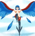  absurd_res avian bird_feet blue_body blue_feathers blue_hair blush breasts cloud european_mythology feathers feet female greek_mythology hair harpy harpy_(terraria) hi_res humanoid_pointy_ears low-angle_view monotsuno mythological_avian mythology navel nipples nude open_mouth red_body red_feathers solo talons terraria 
