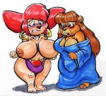  2020 anthro barefoot big_breasts black_nose blush breasts brown_body brown_hair canid clothed clothing disney duo ear_piercing ear_ring female goof_troop hair mammal nipples peg_pete piercing pubes rebecca_cunningham red_hair short_stack shrinking simple_background standing surprise talespin tincrash topless transformation ursid white_background 