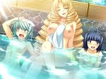  bath blonde_hair blue_eyes blue_hair blush breasts bunshuu closed_eyes drill_hair embarrassed enshou game_cg ganryou green_hair koihime_musou large_breasts long_hair multiple_girls nipples onsen open_mouth purple_eyes saeki_hokuto short_hair towel water 