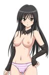  artist_request black_hair blush breasts brown_eyes cameltoe detached_collar detached_sleeves elbow_gloves gloves hand_on_hip kotegawa_yui large_breasts long_hair navel nipples panties striped striped_panties to_love-ru topless transparent_background underwear 
