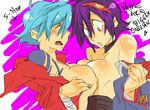  bare_shoulders blue_hair blush bodypaint breast_press breasts cape genderswap genderswap_(mtf) goggles goggles_on_head kamina large_breasts multiple_girls oekaki open_clothes open_shirt purple_eyes purple_hair shirt short_hair simon symmetrical_docking tehryu tengen_toppa_gurren_lagann yuri 