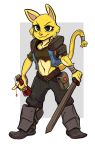  anthro bethesda_softworks felid feline female fur katia_managan khajiit mammal melee_weapon midriff prequel reathroch shoulder_pads sword the_elder_scrolls video_games weapon webcomic yellow_body yellow_fur 