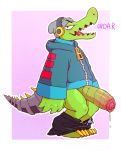  2019 absurd_res anthro beanie big_penis blue_clothing blue_topwear blush bodily_fluids clothed clothing crocodile crocodilian crocodylid cybernetics cyborg erection foreskin genital_fluids green_body hat headgear headphones headwear hi_res huge_penis latch lethal_league looking_at_viewer machine male metal_tail open_mouth pants_down partially_clothed penis precum precum_drip prosthetic reptile scalie serex_the_dragon simple_background solo tongue topwear uncut video_games 