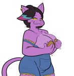  anthro big_breasts breasts catty_(undertale) clothing covering covering_breasts domestic_cat ear_piercing ear_ring fangs felid feline felis female fur gabbah half-closed_eyes mammal narrowed_eyes overalls piercing purple_body purple_fur seductive slightly_chubby undertale video_games 