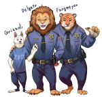  anthro arm_around_shoulders badge bottomwear brown_body brown_eyes brown_fur canid canine canis claws clothing disney felid front_view fur group hand_in_pocket hand_on_shoulder hasegawa-yu lion looking_at_another mammal necktie officer_delgato officer_fangmeyer officer_grizzoli open_mouth open_smile orange_body orange_fur pantherine pants pawpads pockets police_uniform shirt simple_background smile standing striped_body striped_fur stripes t-shirt tiger topwear uniform whiskers white_background white_body white_fur wolf zootopia 