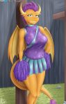  anthro breasts cheerleader dragon fangs female friendship_is_magic horn lidded_eyes looking_at_viewer membrane_(anatomy) membranous_wings my_little_pony orange_body orange_scales pom_poms scales scalie slit_pupils smolder_(mlp) viejillox wings 