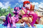  2019 absurd_res animal_genitalia animal_penis anus balls bodily_fluids butt chair cloud cum cup cutie_mark detailed_background dock equid equine equine_penis eyewear fan_character female feral fluttershy_(mlp) friendship_is_magic furniture genital_fluids group group_sex hi_res holivi hooves horn male mammal my_little_pony oral outside penis pterippus purple_eyes pussy sex straw threesome twilight_sparkle_(mlp) unicorn water wings 