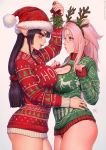  2girls antlers artist_name bangs black_hair black_nails breasts christmas christmas_sweater cleavage commentary green_sweater grey_background hat highres large_breasts multiple_girls original panties pink_hair pointy_ears red_headwear red_panties red_sweater reindeer_antlers revealing_clothes santa_hat sciamano240 simple_background solo sweater underwear yuri 